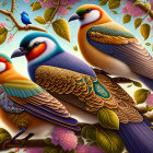 Colorful digital artwork of stylized birds among flowers and foliage