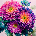 Colorful Watercolor Painting of Three Chrysanthemum Flowers