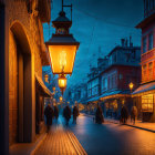 Charming old street at twilight with glowing street lamps and dramatic cloudy sky