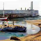 Colorful Watercolor Scene: Rowboats, Dock, Lighthouse, Calm Waters