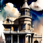 Victorian-style mansion with tower against dramatic clouds