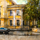 Vintage car parked by yellow historical building with large windows and green trees in sunlit scene.