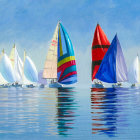 Colorful sailboats racing on blue water under clear skies