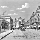 Vintage European Street Scene Watercolor Illustration with Tram, Pedestrians, and Buildings