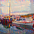 Colorful ship graveyard painting with vibrant clouds and rusting ships.