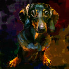 Colorful dachshund illustration in green and gold cloak against purple and red backdrop