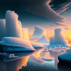 Surreal landscape with towering ice-like structures and reflective water surface at sunset