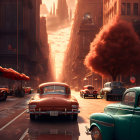 Classic cars in urban setting with historic architecture under golden sunlight.