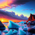 Vibrant digital landscape: Sunset skies, ocean, icebergs, rocks