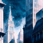 Gothic and modern cityscape under moody blue sky