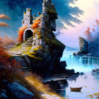 Tranquil landscape with ancient stone ruin, ivy, waterfall, river, and drifting boat