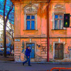 Colorful ornate building with blue door and autumn trees in whimsical art.