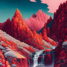 Vibrant red and pink stylized landscape with textured mountains, waterfall, and fluffy clouds.