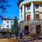 Colorful autumn city park with gazebo, flowerbeds, bench, and historic architecture.