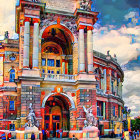 Colorful Watercolor Painting: Ornate Archway with Sculptures, People, and Dramatic Sky