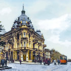 Colorful street scene with vintage car, pedestrians, ornate building, and cloudy sky.