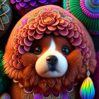 Whimsical dog with colorful, petal-like fur on vibrant background