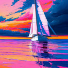 Colorful abstract digital art: Sailboat on vibrant sunset sea