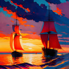 Colorful seascape with two ships and red sails under a vibrant sunset sky