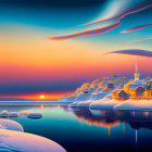 Snow-covered coastal village at sunset with calm waters and colorful skies