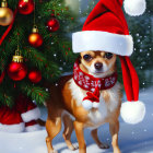 Small Dog in Santa Hat and Red Scarf by Christmas Tree with Falling Snowflakes