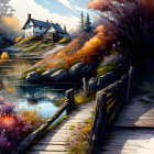 Serene lake with rustic cottages & autumn foliage