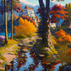 European-style manor by calm river in autumn landscape