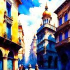 European street scene watercolor with ornate buildings and people walking