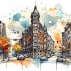 Vibrant watercolor painting of busy city corner with historic building, autumn trees, and street traffic