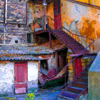 Vibrant yellow building with intricate black and white drawings, ornate balconies, purple door,