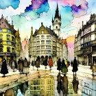 Vibrant watercolor painting of European city life with people and umbrellas