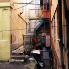 Colorful Watercolor Illustration: Sunlit Alley with Hanging Clothes and Staircase