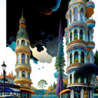 Fantastical ornate tower in vibrant, colorful landscape