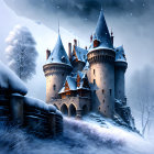 Stone castle with spires and towers in snowy winter landscape