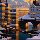 Fantasy cityscape with onion domes, arches, and snow under sunset sky