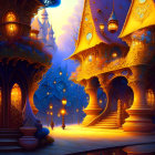 Fantasy structure with ornate windows in twilight setting