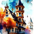 Whimsical watercolor illustration of a vibrant multi-turreted mansion