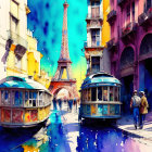 Colorful Parisian street scene with Eiffel Tower, trams, and reflection.