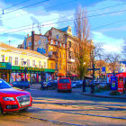 Colorful illustration of ornate building, red lanterns, classic car under blue sky