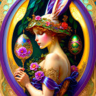 Detailed illustration of woman in blue dress with floral hat and Easter eggs