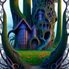 Whimsical treehouse in enchanted forest with round doors and arched windows