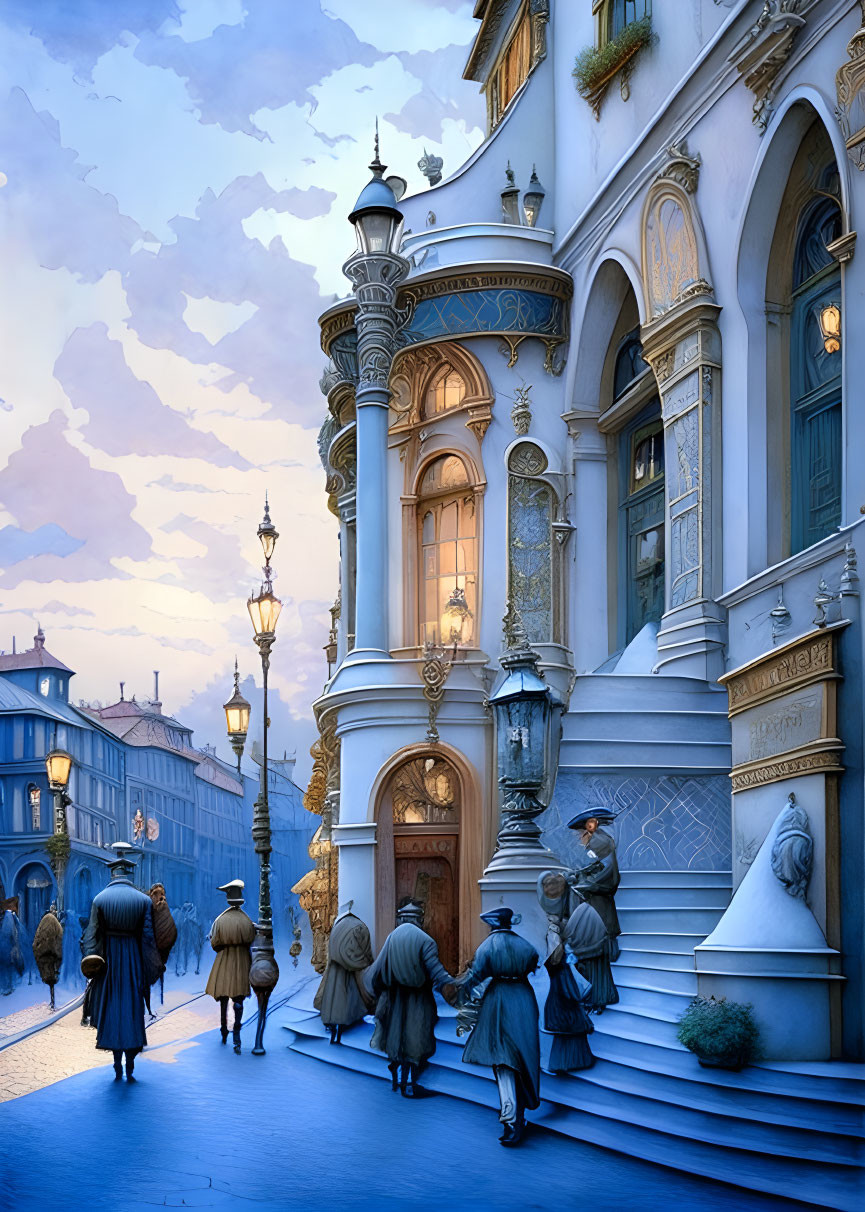 Vintage Street Scene at Dusk with Ornate Building and People in Illustration