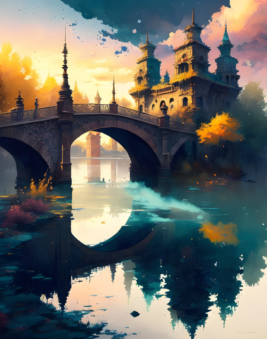 Fantasy illustration of ornate bridge at sunset with towers, water reflection, foliage.