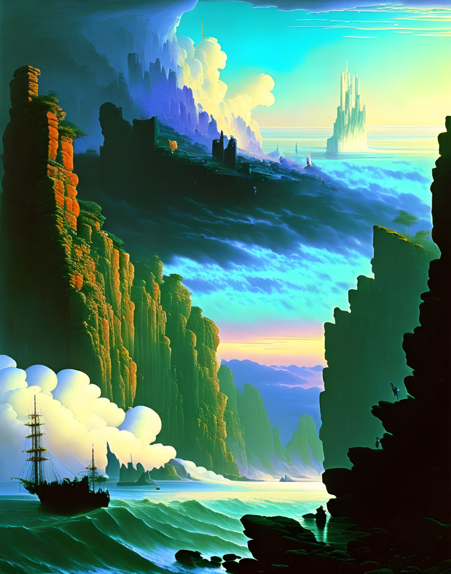 Tall ship near towering cliffs in surreal landscape