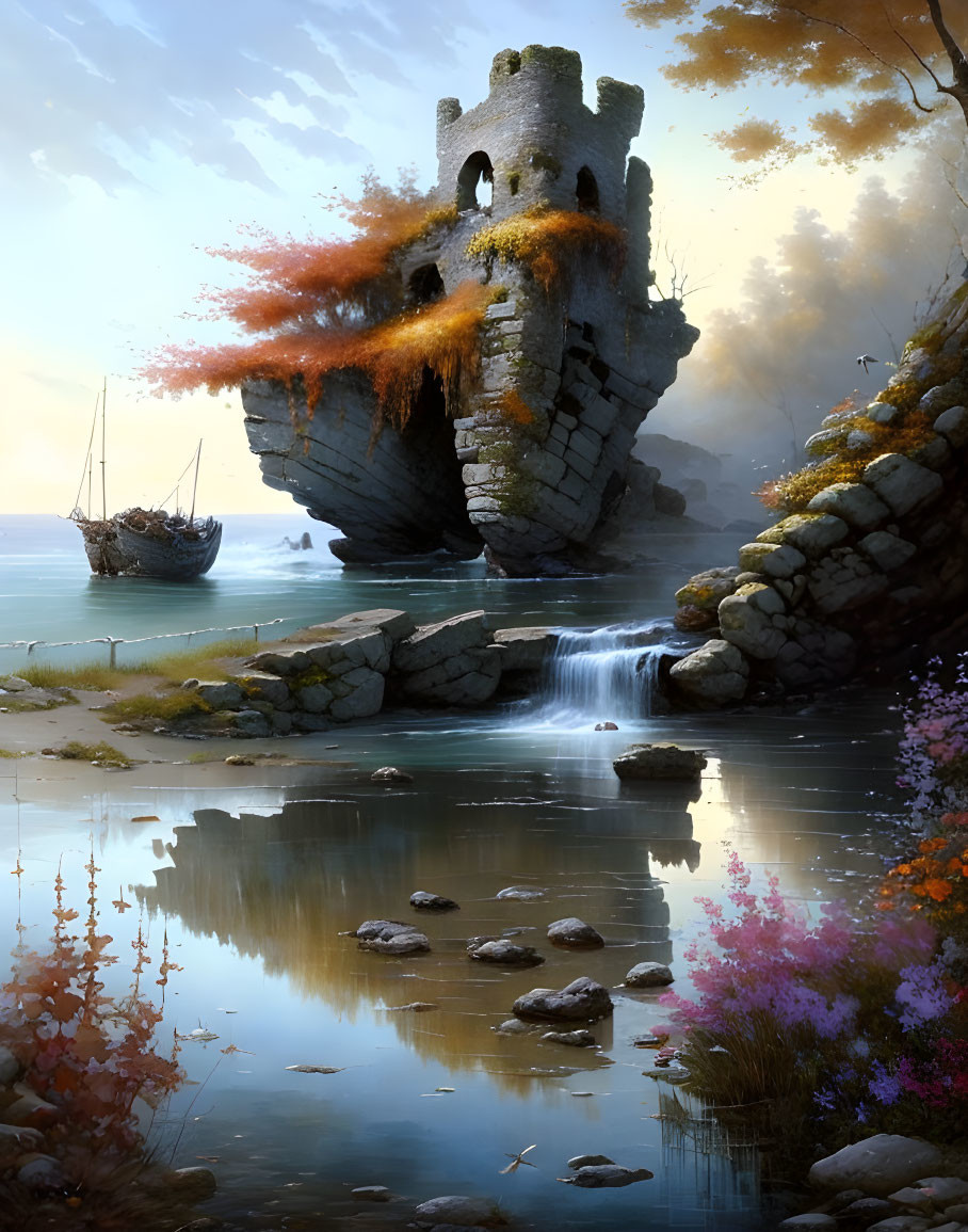 Tranquil fantasy landscape with ancient tower, waterfall, ship, and autumnal trees.