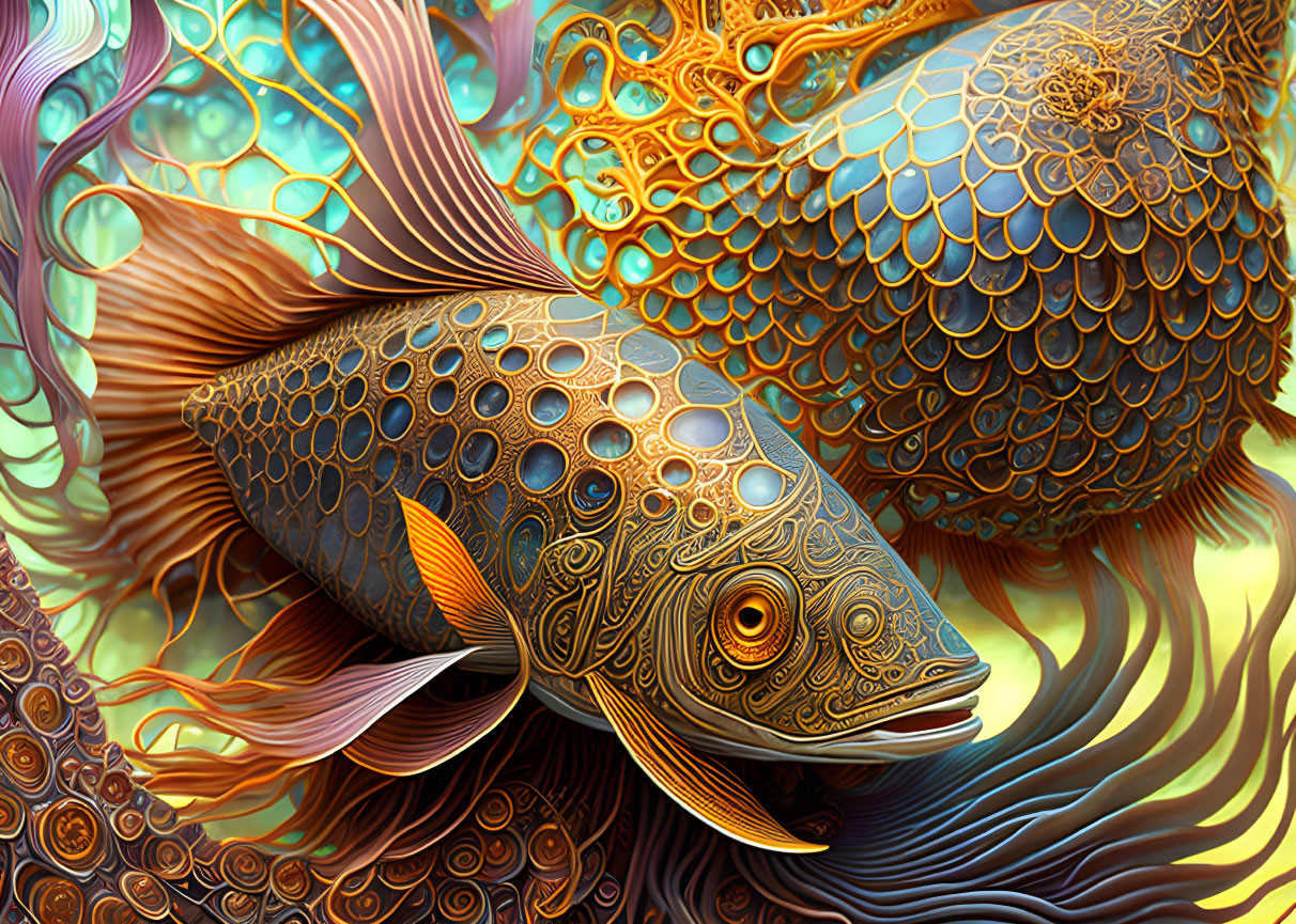 Colorful, intricate artwork of fantastical fish with detailed patterns and textures on abstract background