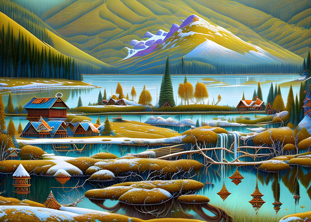 Colorful Mountain Landscape with Trees, Lakes, and Cabins in Autumn-Winter Blend