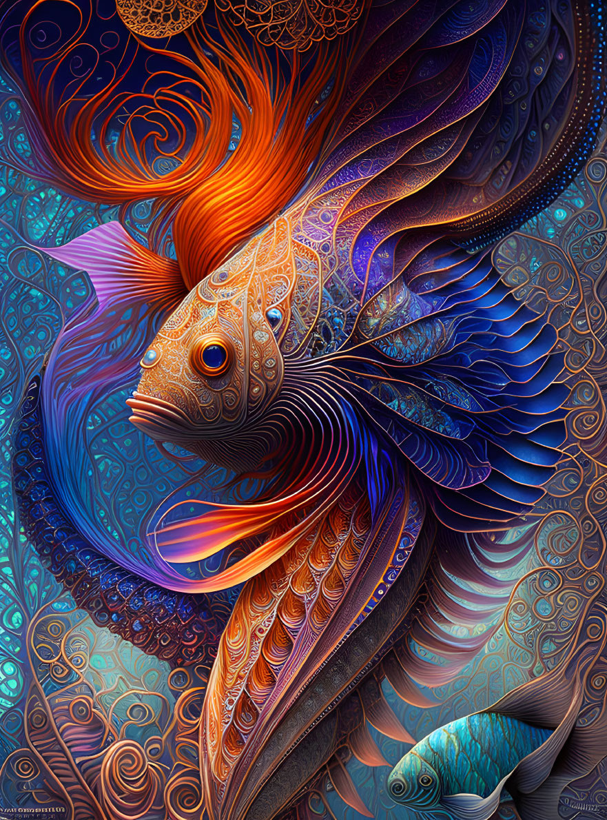 Colorful Digital Artwork: Stylized Fish with Intricate Patterns and Fiery Orange Mane on