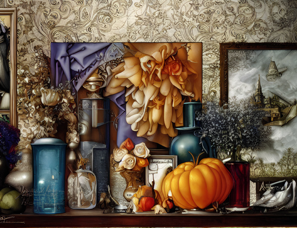 Detailed Still Life Painting with Flowers, Pumpkins, Vases, and Artwork