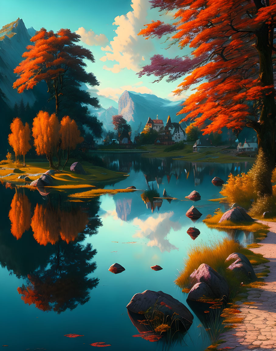 Autumn scene: serene lake, red and golden trees, village, mountains, rocks.